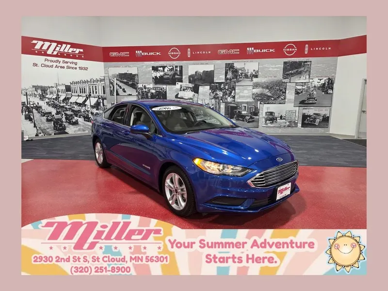 2018 Ford Fusion Hybrid S in Lightning Blue — front three-quarter view