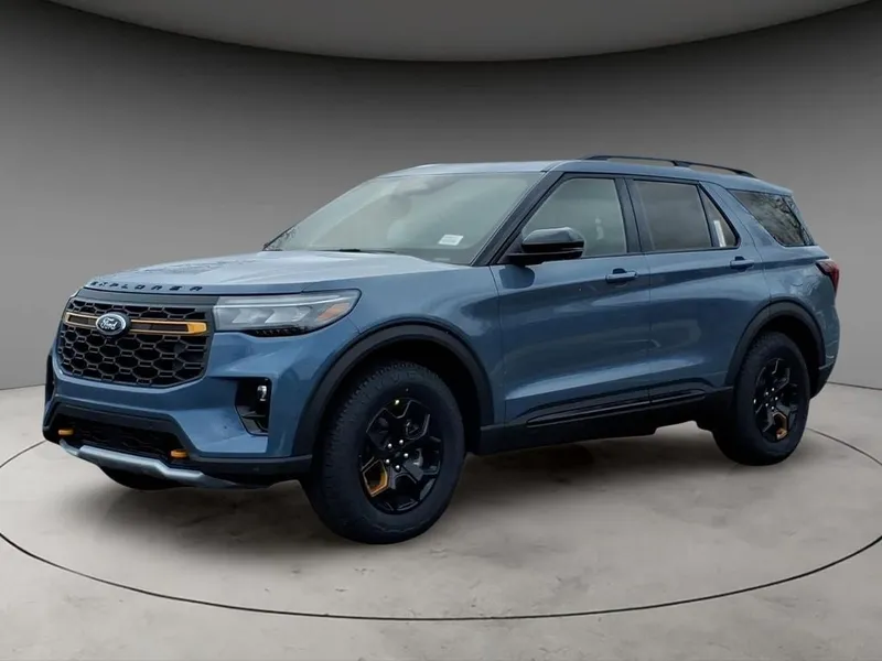 2026 Ford Explorer Tremor in Vapor Blue — front three-quarter view