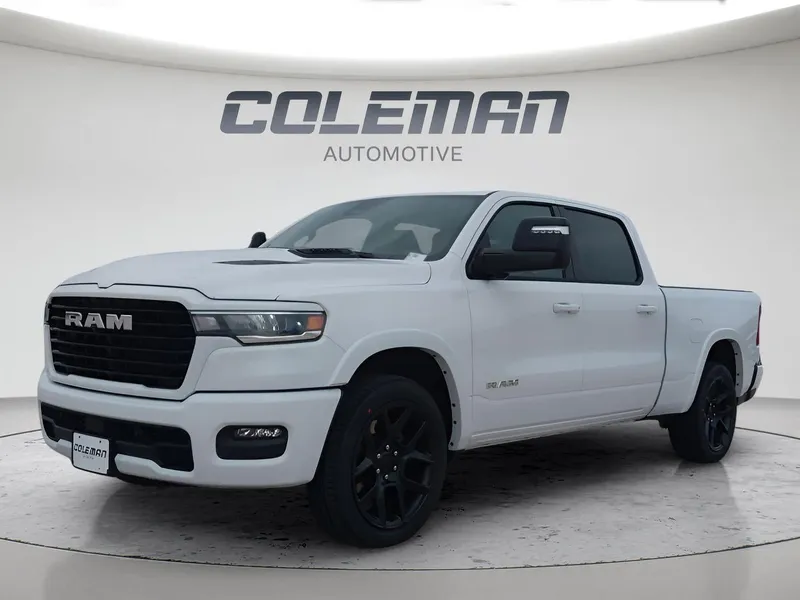 2026 RAM 1500 Laramie in Bright White Clear-Coat Exterior Paint — front three-quarter view