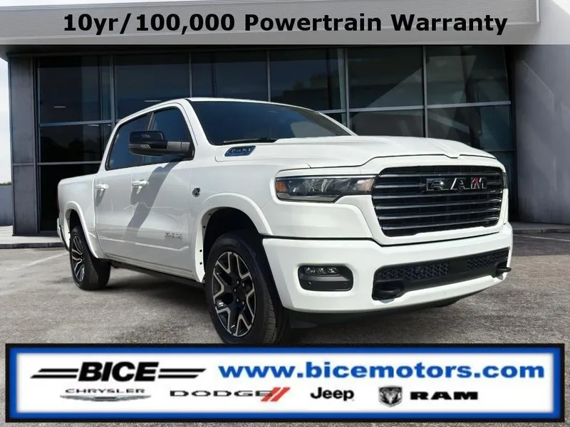 2026 RAM Ram 1500 Laramie Crew Cab 4x4 in Bright White Clear-Coat Exterior Paint — front three-quarter view