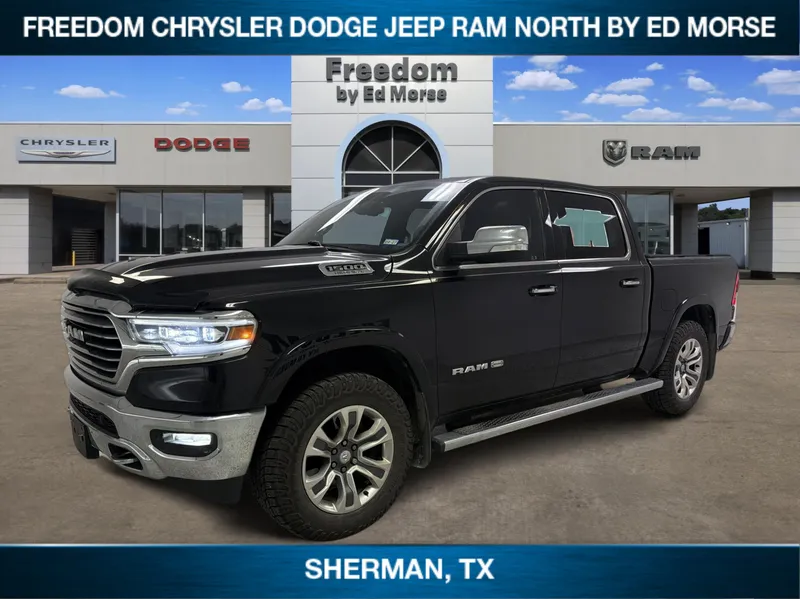 2019 RAM 1500 Longhorn in Diamond Black Crystal Pearlcoat — front three-quarter view