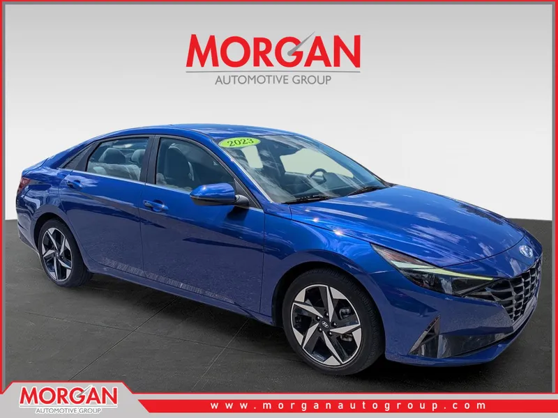 2023 Hyundai Elantra Limited in Intense Blue — front three-quarter view