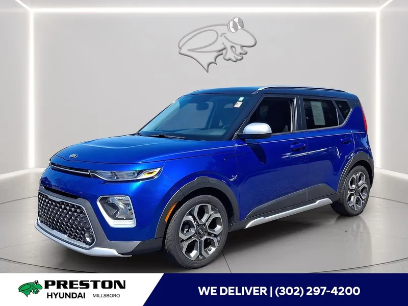 2020 Kia Soul X-Line in Neptune Blue And Cherry Black — front three-quarter view