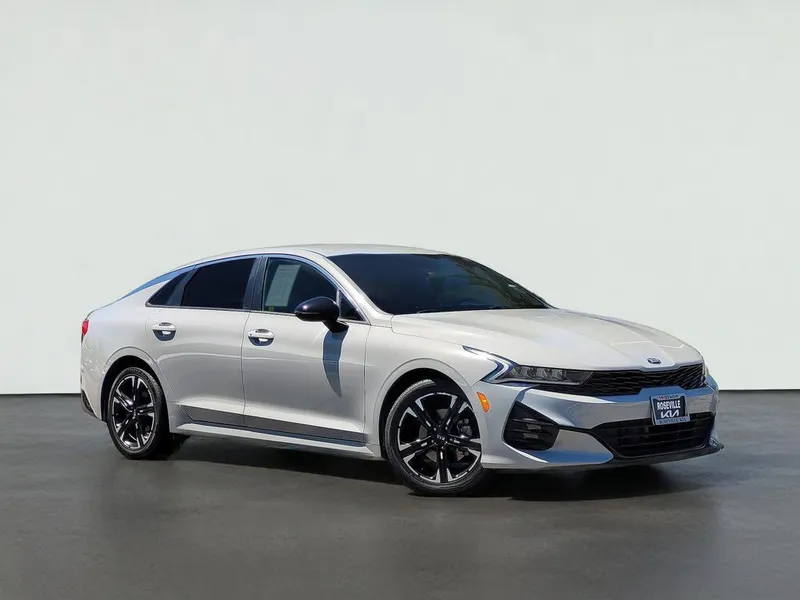 2021 Kia K5 GT-LINE in Wolf Gray — front three-quarter view