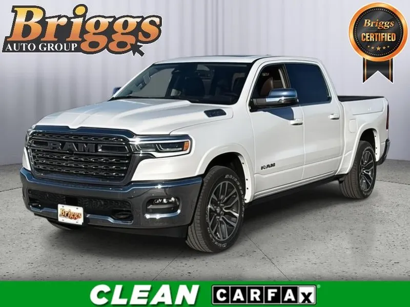 2025 RAM 1500 Longhorn in Ivory White Tri-Coat Pearlcoat — front three-quarter view