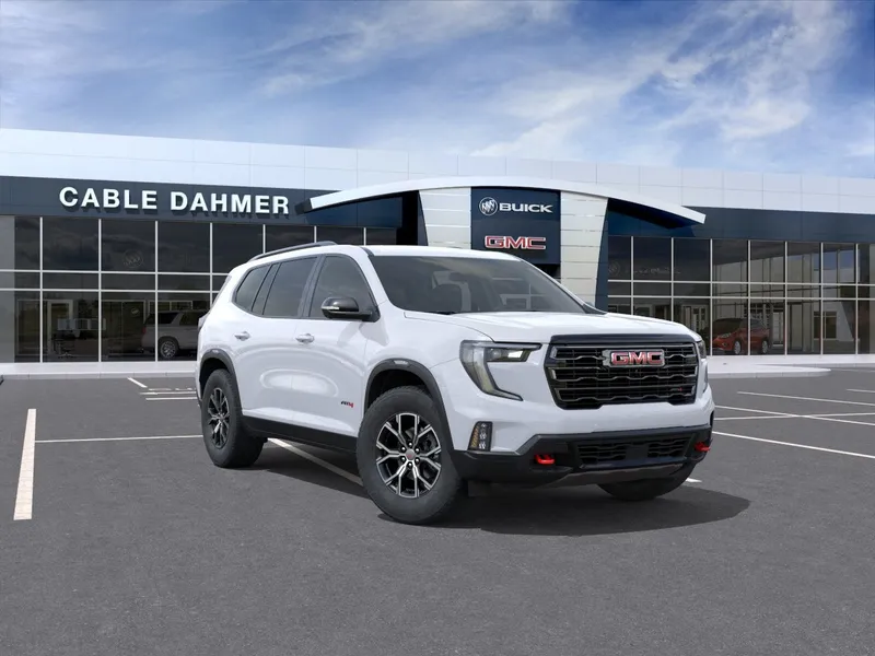 2026 GMC Acadia AT4 in Glacier White Tricoat — front three-quarter view