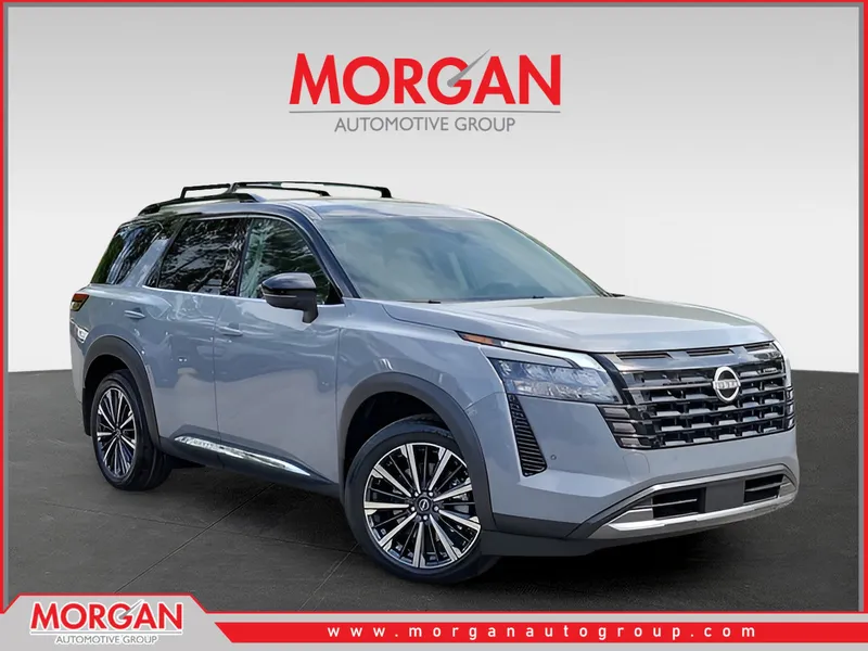 2026 Nissan Pathfinder Platinum in Gray — front three-quarter view