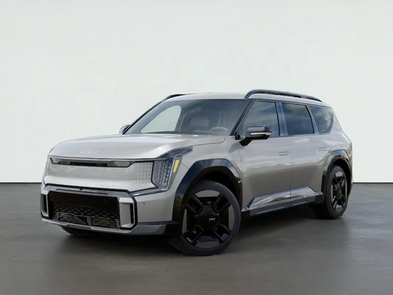 2026 Kia EV9 GT-LINE in Ivory Silver — front three-quarter view