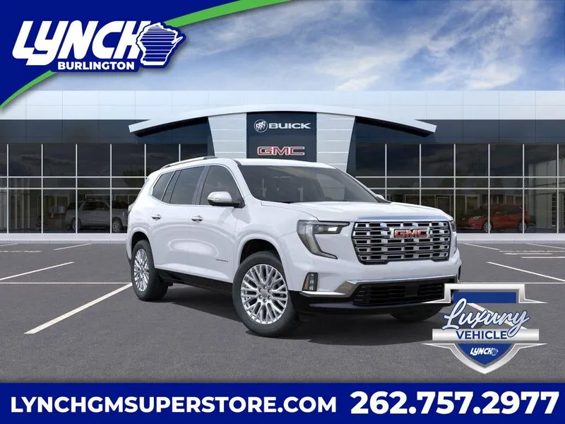 2026 GMC Acadia Denali in Glacier White Tricoat — front three-quarter view