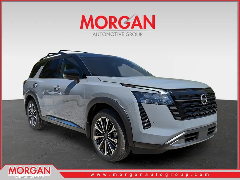 2026 Nissan Pathfinder Platinum in Gray — front three-quarter view