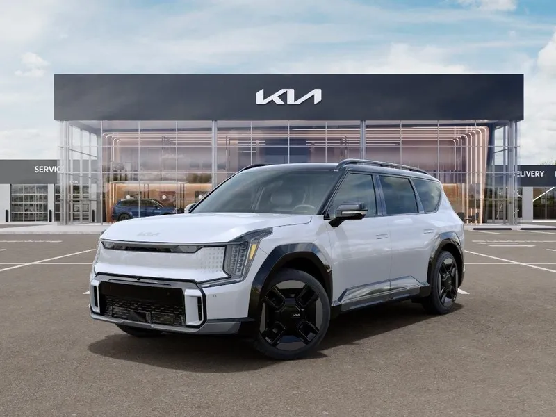 2026 Kia EV9 GT-Line in Glacial White Pearl/Ebony Black Roof — front three-quarter view