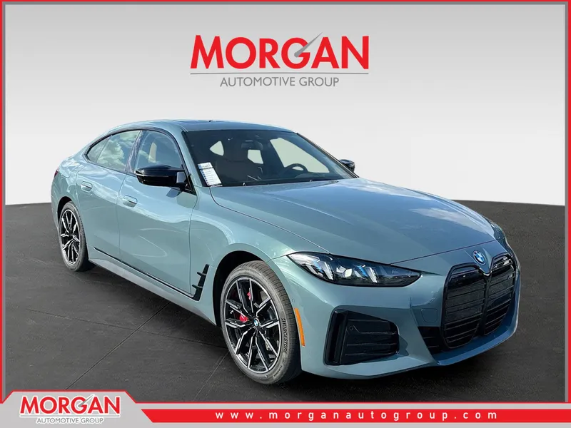 2026 BMW i4 M60 in Green — front three-quarter view