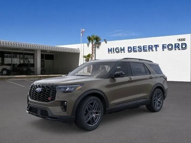 2026 Ford Explorer ST in Marsh Gray — front three-quarter view