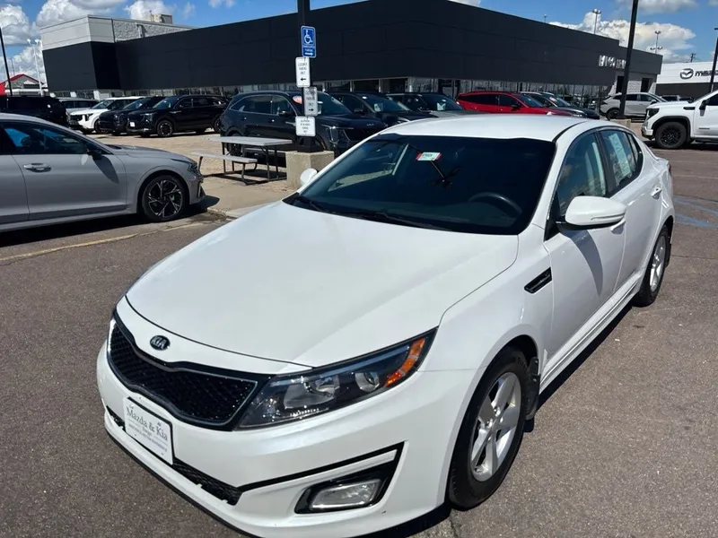 2015 Kia Optima LX in Snow White Pearl — front three-quarter view
