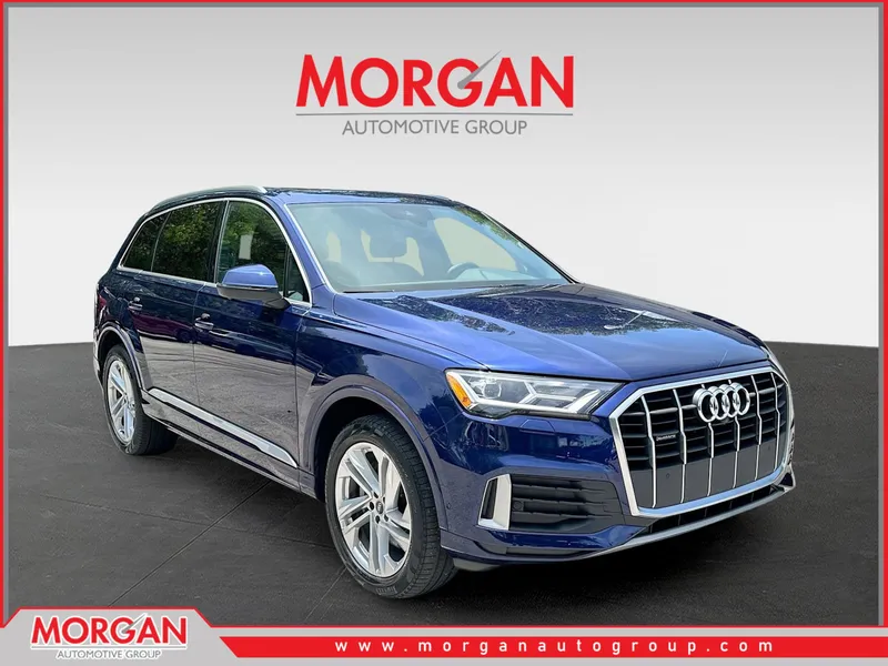 2021 Audi Q7 45 Premium Plus in Blue — front three-quarter view