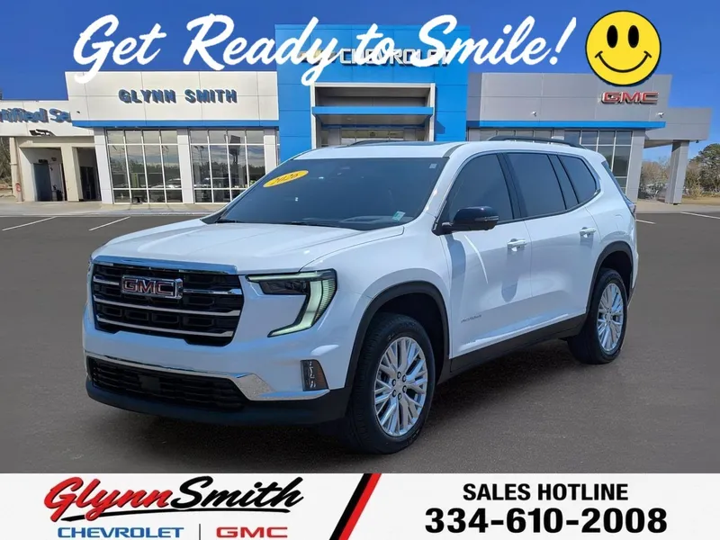 2026 GMC Acadia Elevation in Summit White — front three-quarter view