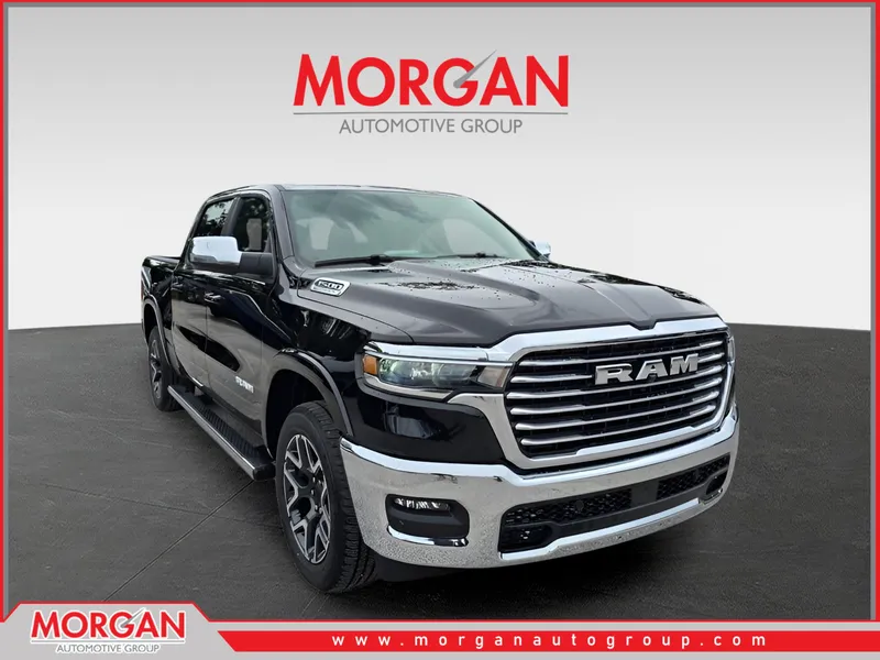 2026 Ram 1500 Laramie in Diamond Black Crystal Pearlcoat — front three-quarter view