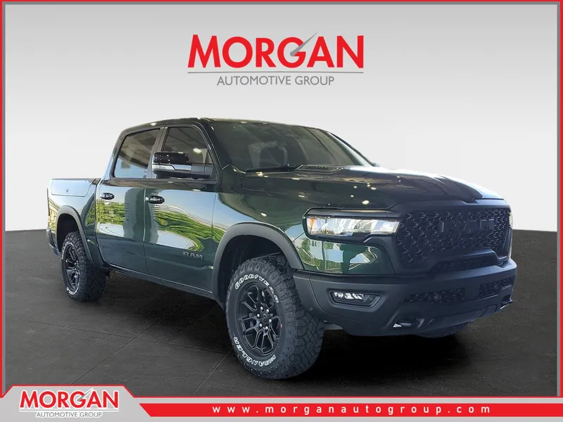 2026 Ram 1500 Rebel in Serrano Green Metallic — front three-quarter view