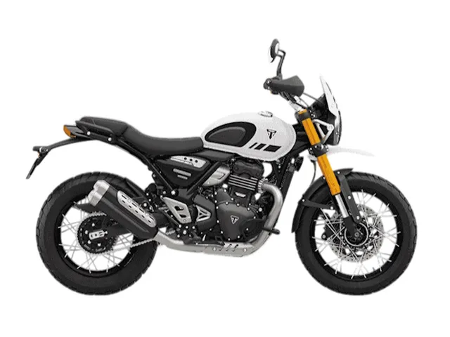 2026 Triumph Scrambler 400 XC Vanilla White — front three-quarter view