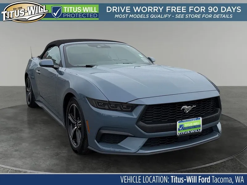 2025 Ford Mustang EcoBoost Premium in Vapor Blue — front three-quarter view