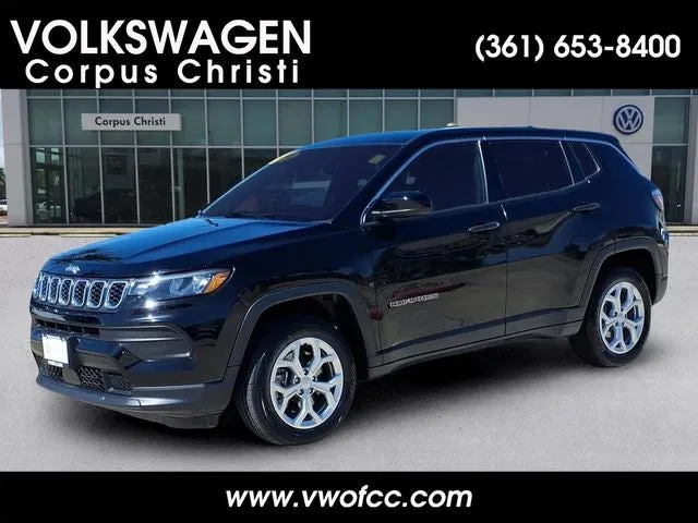 2024 Jeep Compass Sport in Diamond Black Crystal Pearlcoat — front three-quarter view