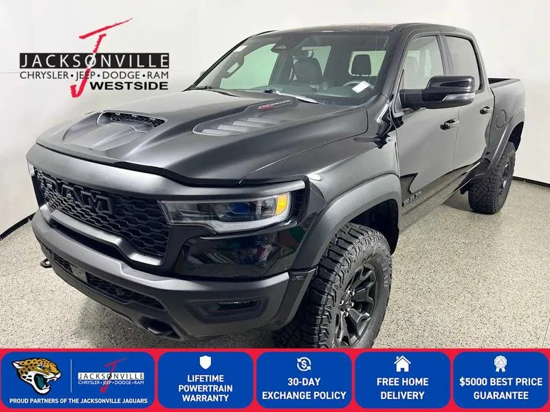 2026 RAM 1500 RHO in Diamond Black Crystal Pearl-Coat Exterior Paint — front three-quarter view