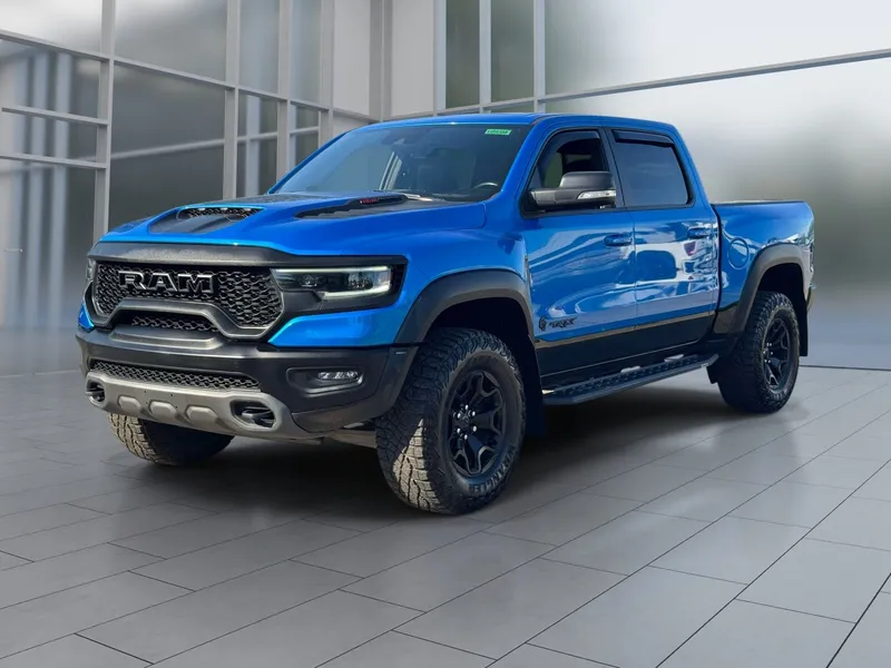 2021 RAM 1500 TRX in Hydro Blue Pearlcoat — front three-quarter view