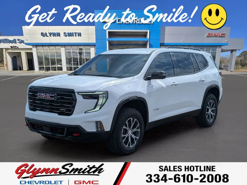 2026 GMC Acadia AT4 in Summit White — front three-quarter view