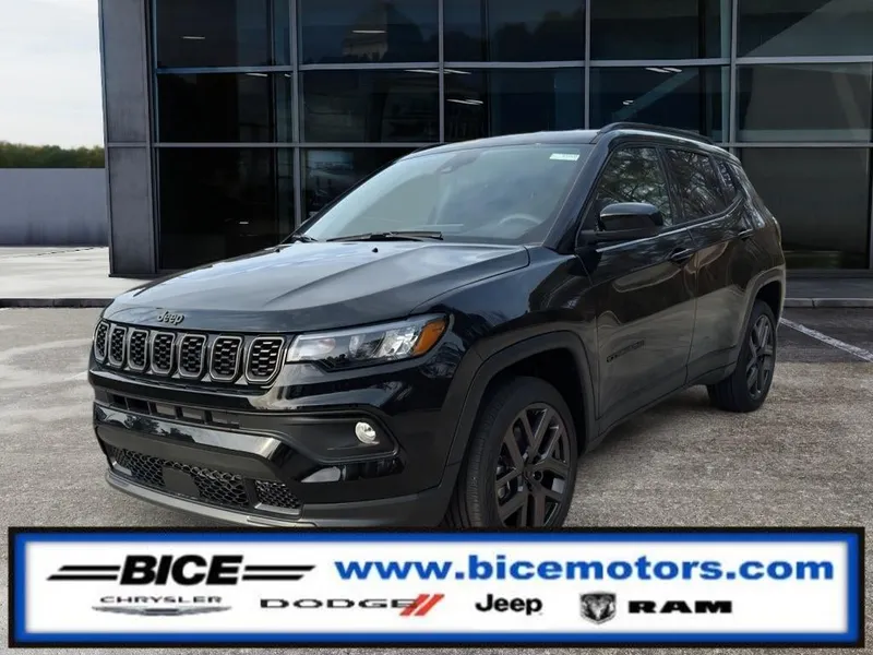 2026 Jeep Compass Latitude Altitude in Diamond Black Crystal Pearl-Coat Exterior Paint — front three-quarter view