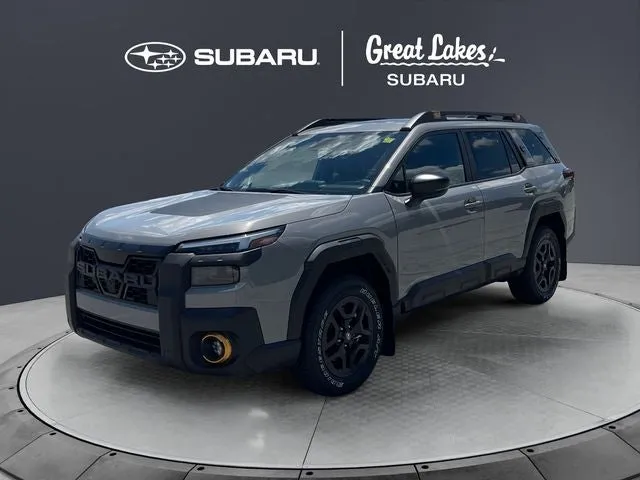2026 Subaru OUTBACK Wilderness in River Rock Pearl — front three-quarter view