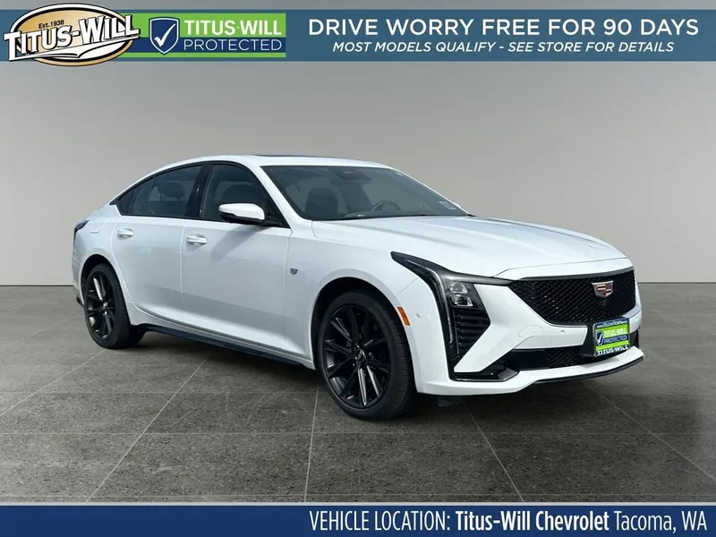 2025 Cadillac CT5 Sport in Summit White — front three-quarter view