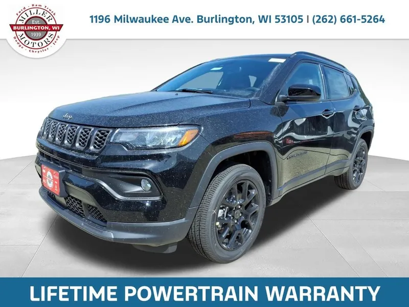 2026 Jeep Compass COMPASS LATITUDE ALTITUDE 4X4 in Diamond Black Crystal Pearl-Coat Exterior Paint — front three-quarter view