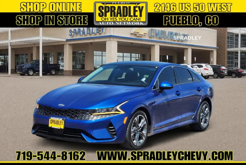 2021 Kia K5 EX in Blue — front three-quarter view