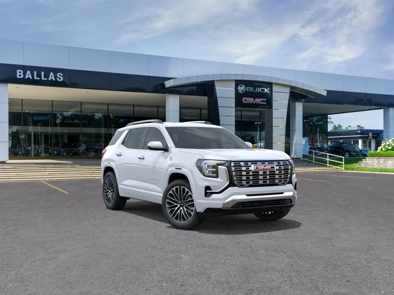 2026 GMC Terrain Denali in Glacier White Tricoat — front three-quarter view