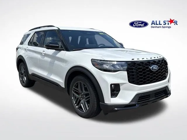 2026 Ford Explorer ST in Star White Metallic Tri-Coat — front three-quarter view