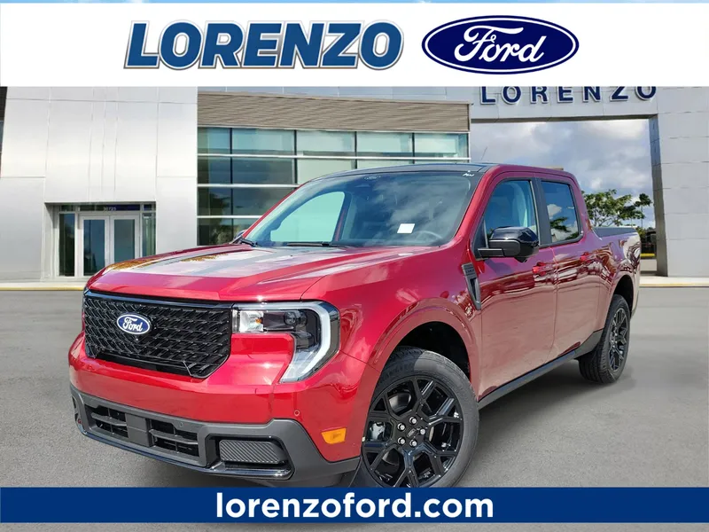 2026 Ford Maverick LARIAT in Ruby Red Metallic Tinted Clearcoat — front three-quarter view