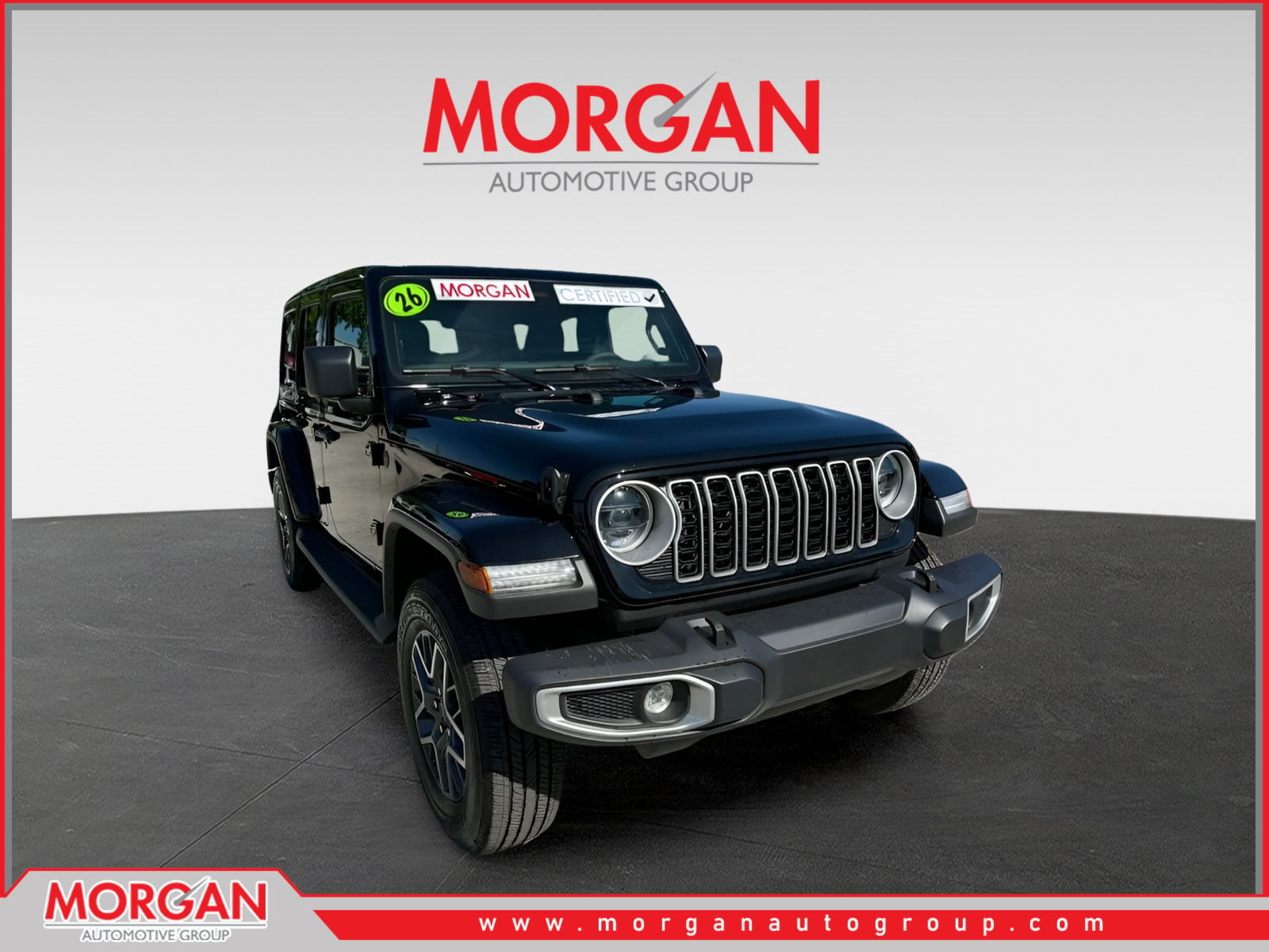 2026 Jeep Wrangler Sahara in Black Clearcoat — front three-quarter view