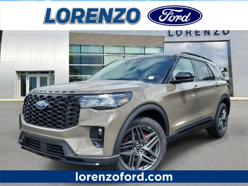 2026 Ford Explorer ST-Line in Marsh Gray — front three-quarter view