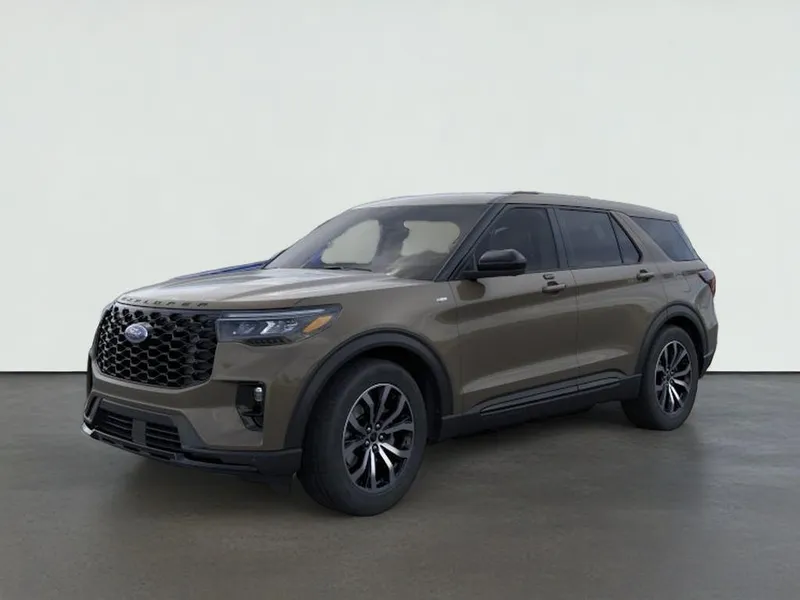 2026 Ford Explorer ST-Line in Marsh Gray — front three-quarter view