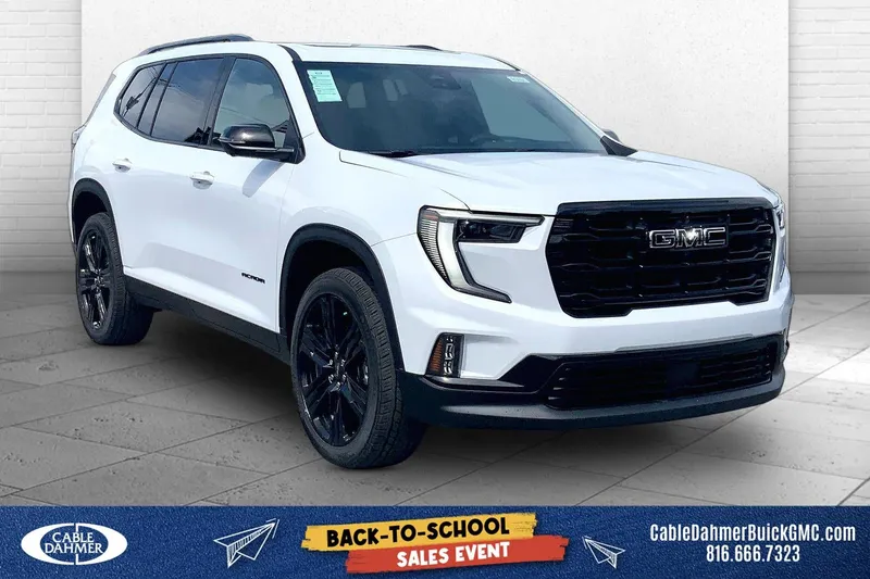 2026 GMC Acadia Elevation in Glacier White Tricoat — front three-quarter view