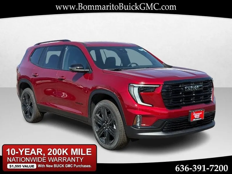 2026 GMC Acadia Elevation in Volcanic Red Tintcoat — front three-quarter view