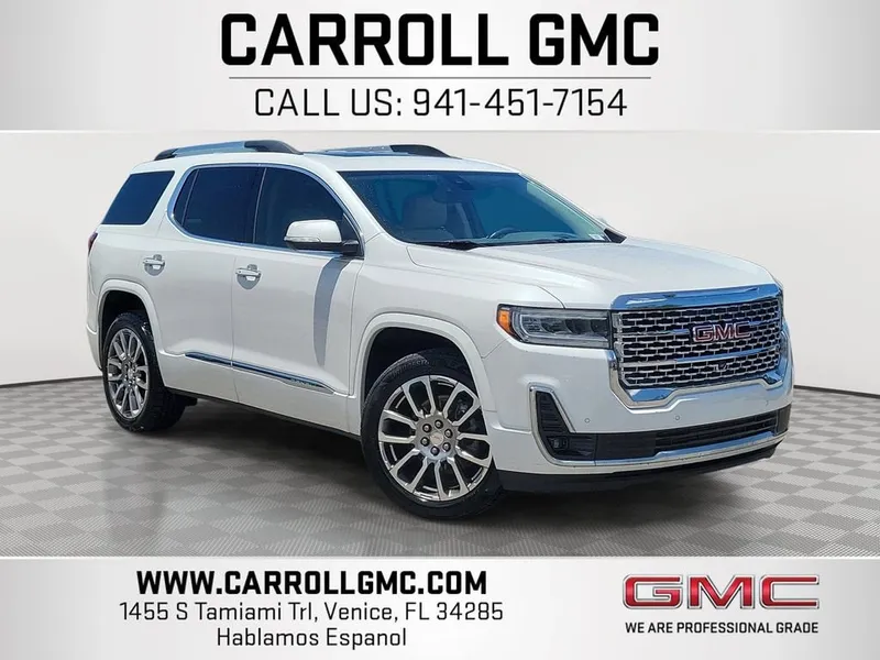 2022 GMC Acadia Denali in White Frost Tricoat — front three-quarter view