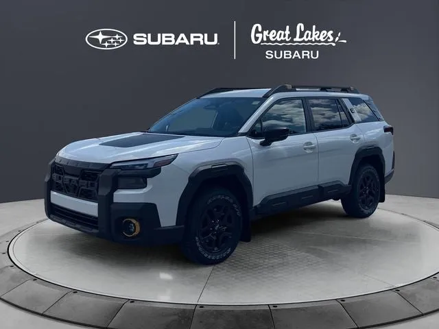 2026 Subaru OUTBACK Wilderness in Crystal White Pearl — front three-quarter view