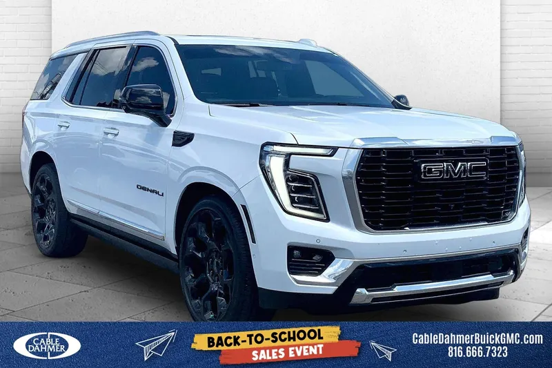 2026 GMC Yukon Denali in Glacier White Tricoat — front three-quarter view