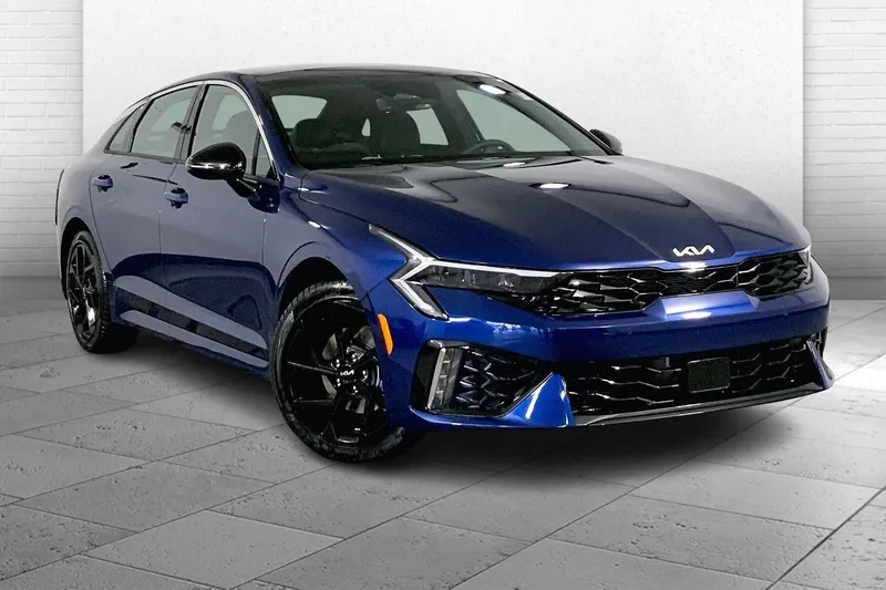 2026 Kia K5 GT-Line in Yacht Blue — front three-quarter view