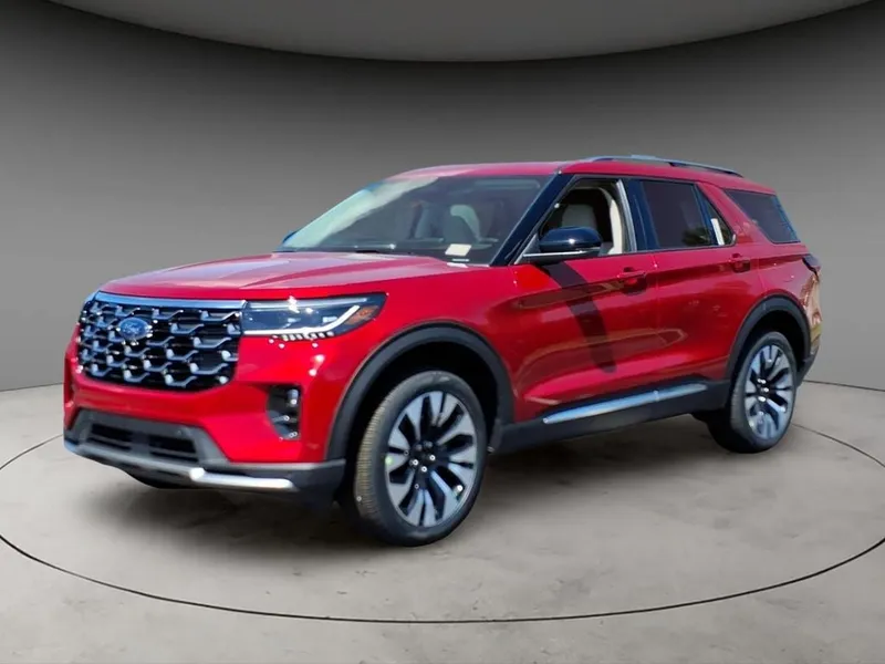 2026 Ford Explorer Platinum in Red Metallic — front three-quarter view