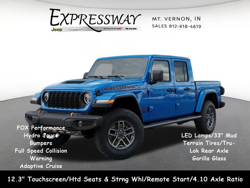 2026 Jeep Gladiator Mojave in Hydro Blue Pearl-Coat Exterior Paint — front three-quarter view