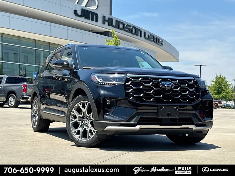 2025 Ford Explorer Platinum ULTIMATE/ BACKED BY HUDSON in Agate Black Metallic — front three-quarter view