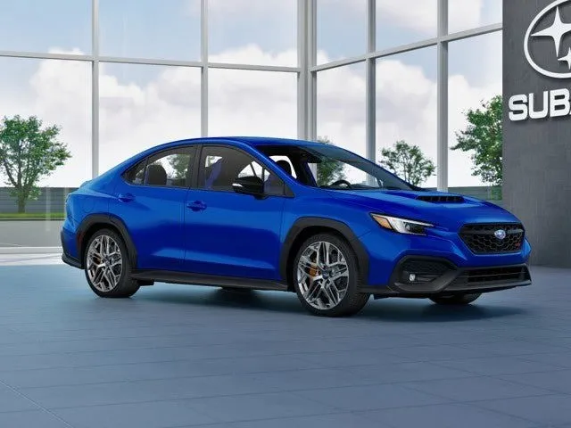 2026 Subaru WRX tS in Wr Blue Pearl — front three-quarter view