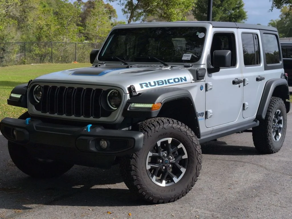 2024 Jeep Wrangler Rubicon 4xe in Silver — front three-quarter view